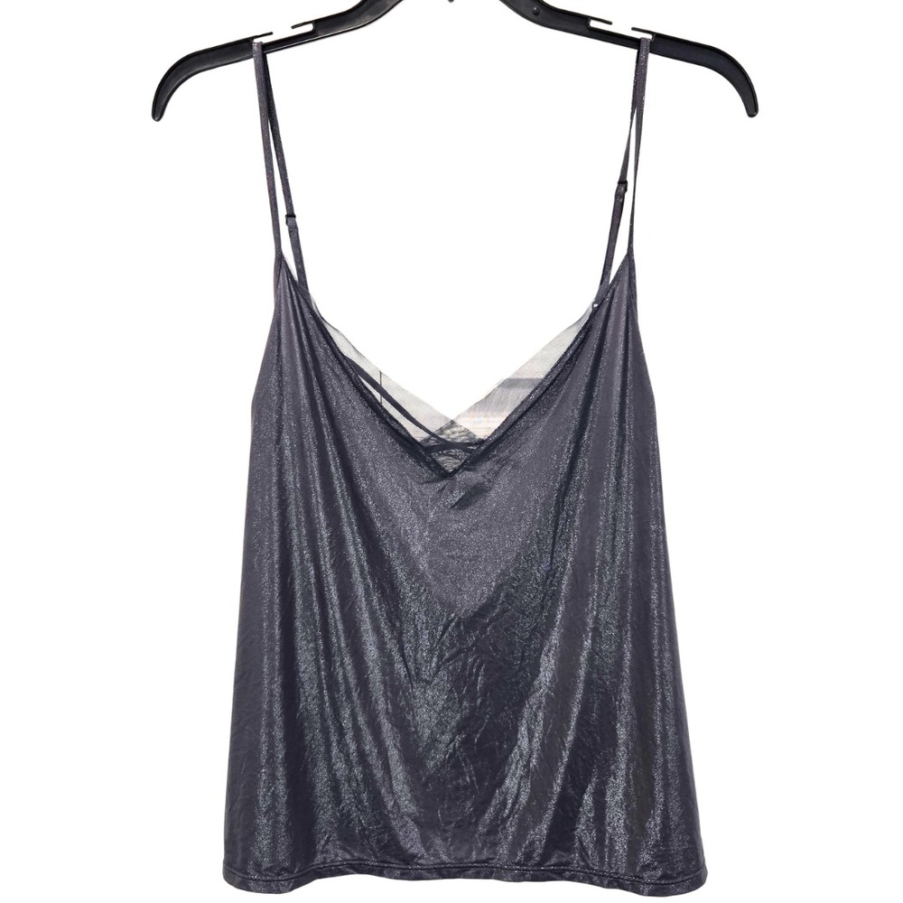 Victorias Secret Metallic Mesh V Neck Cami Tank Top Womens L Silver Glamorous